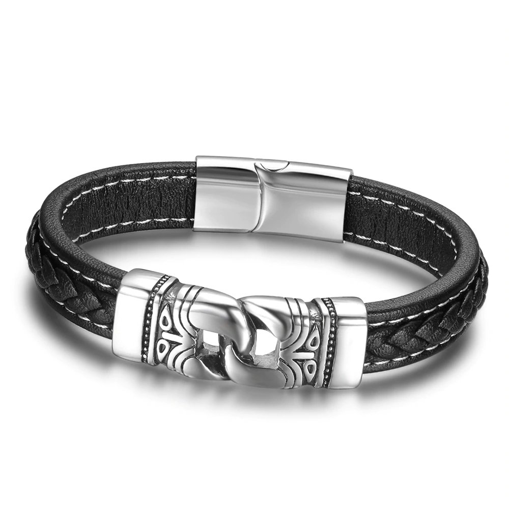 leather silver bracelet for men