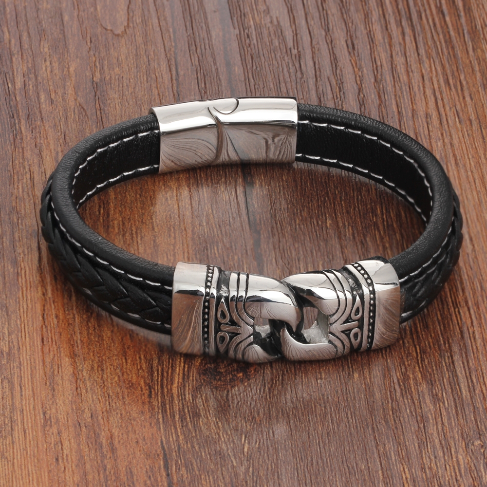 Genuine Leather Ancient Stainless Steel Bracelets For Men