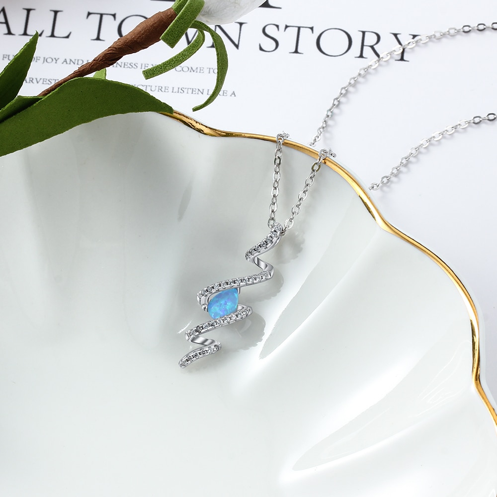 Giffany 925 Sterling Silver Necklaces Ribbon Shape Twist Blue Opal