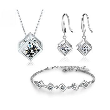 Giffany 925 Sterling Silver Jewelry Sets Zircon Square Cube Necklace+Earrings+Bracelet