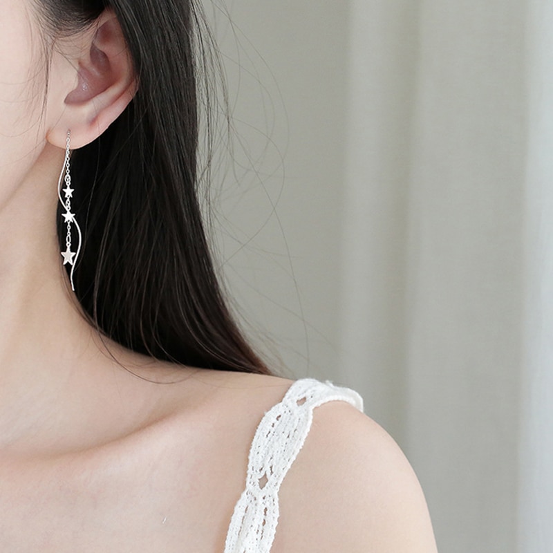 Giffany Delicate 925 Sterling Silver Chain Earrings Star Wave Long Tassel Earrings