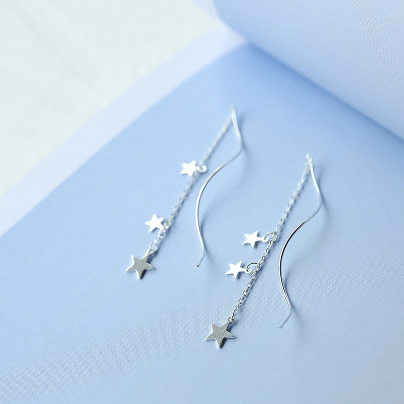 Giffany Delicate 925 Sterling Silver Chain Earrings Star Wave Long Tassel Earrings