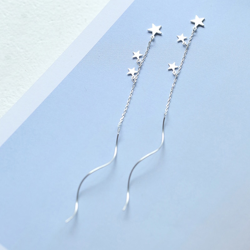 Giffany Delicate 925 Sterling Silver Chain Earrings Star Wave Long Tassel Earrings