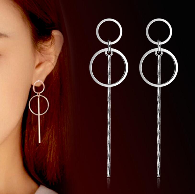 Giffany Exquisite Simple Fashion 925 Sterling Silver Circle Tassel Long Earrings
