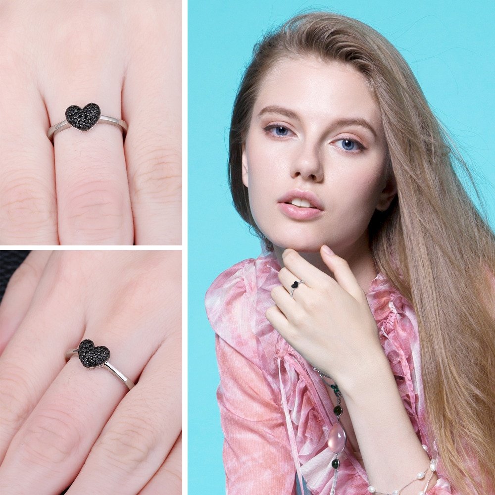 JPalace Heart Natural Black Spinel Ring 925 Sterling Silver