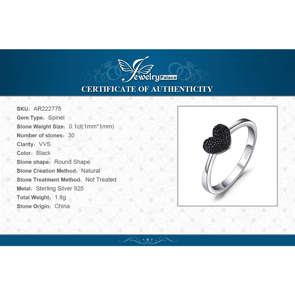JPalace Heart Natural Black Spinel Ring 925 Sterling Silver