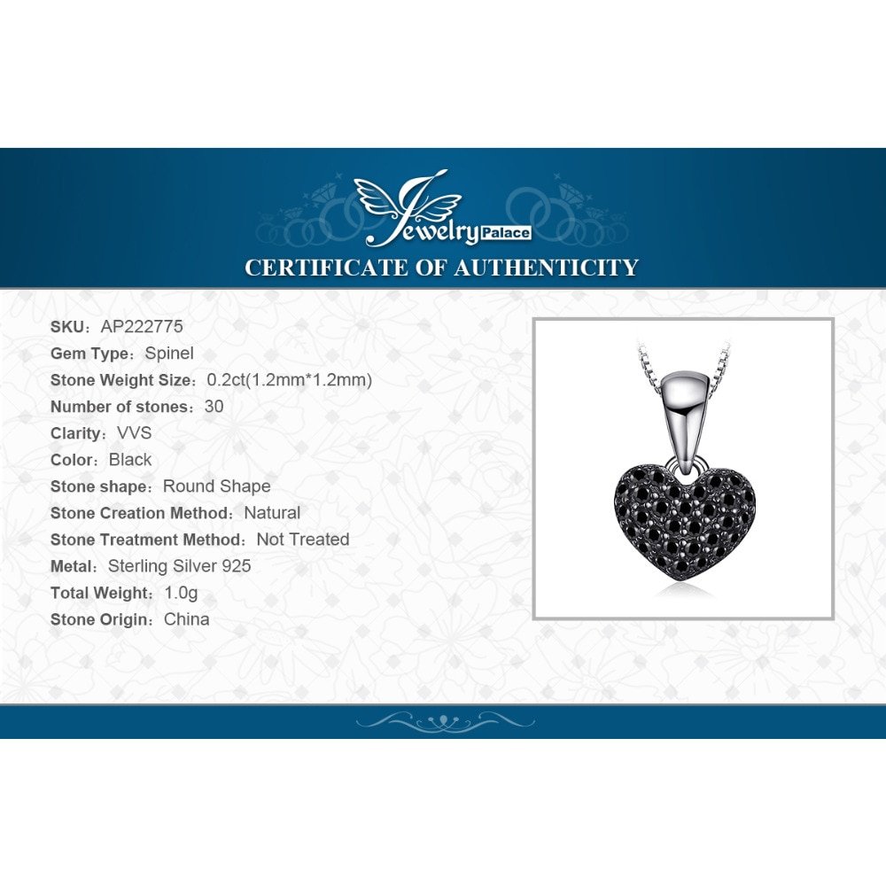 JPalace Heart Natural Black Spinel Pendant Necklace 925 Sterling Silver