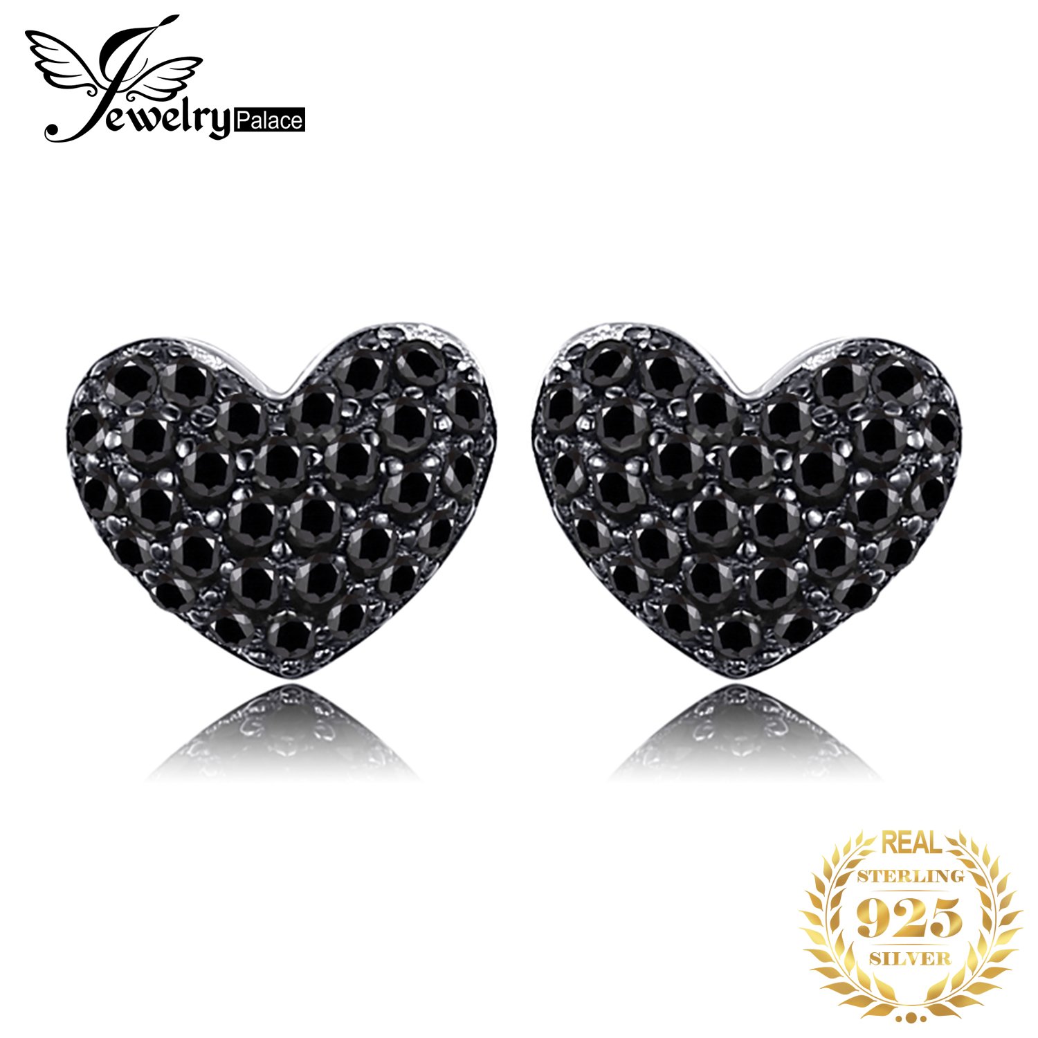 JPalace Love Heart Genuine Black Spinel Stud Earrings 925 Sterling Silver