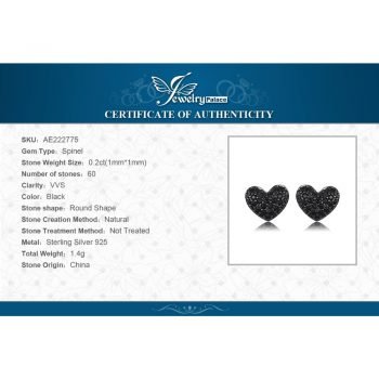 JPalace Love Heart Genuine Black Spinel Stud Earrings 925 Sterling Silver