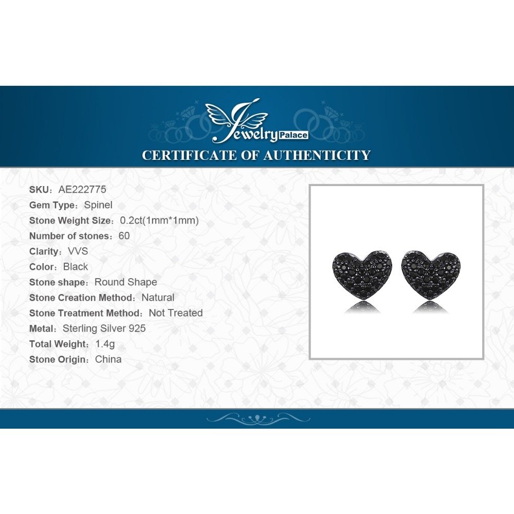 JPalace Love Heart Genuine Black Spinel Stud Earrings 925 Sterling Silver