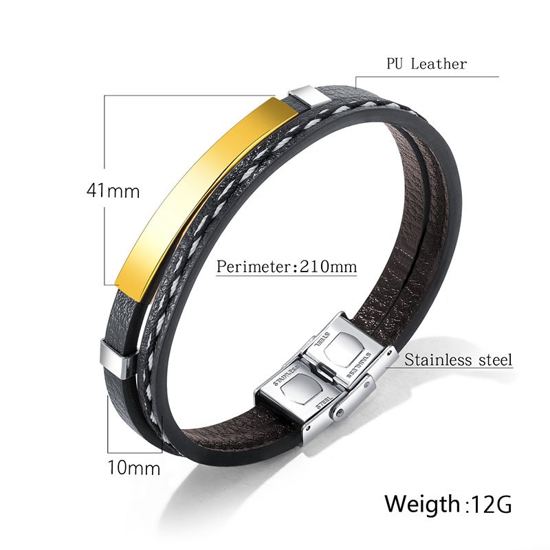 Engraved Name Bracelet For Men leather Stainless Steel Bracelets & Bangles