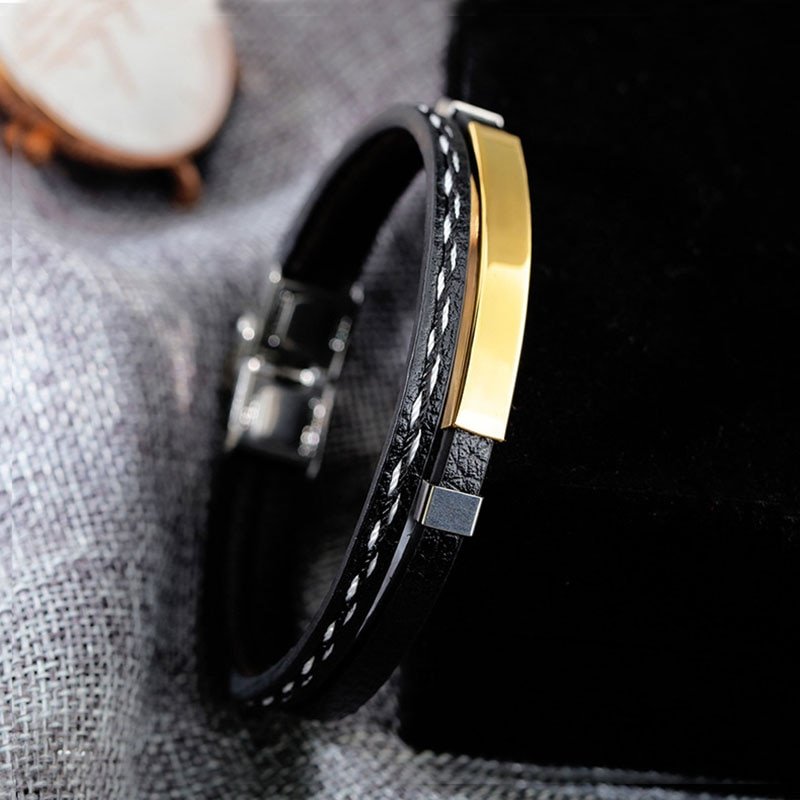 Engraved Name Bracelet For Men leather Stainless Steel Bracelets & Bangles