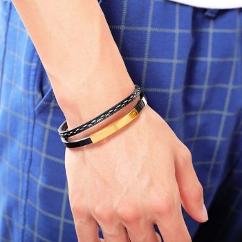 Engraved Name Bracelet For Men leather Stainless Steel Bracelets & Bangles