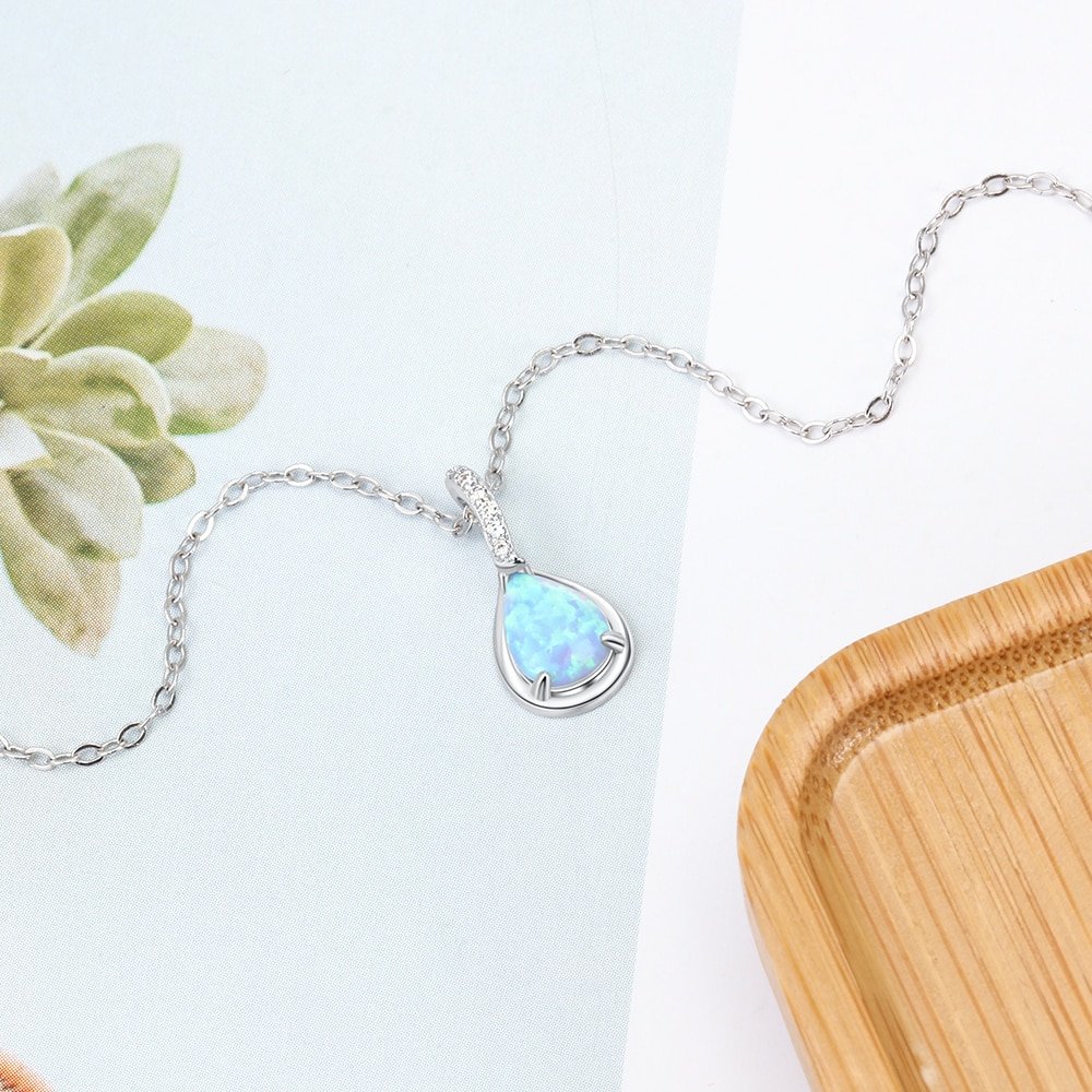 Giffany 925 Sterling Silver Water Drop Blue Opal Necklaces