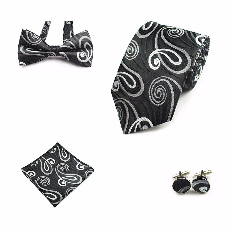Rick Nais 4PCS Tie Set Bow Tie and Handkerchief Cufflinks 100% Silk