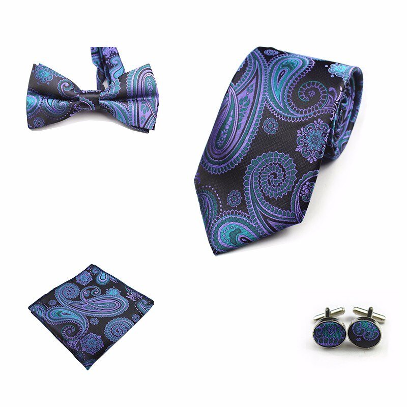 Rick Nais 4PCS Tie Set Bow Tie and Handkerchief Cufflinks 100% Silk