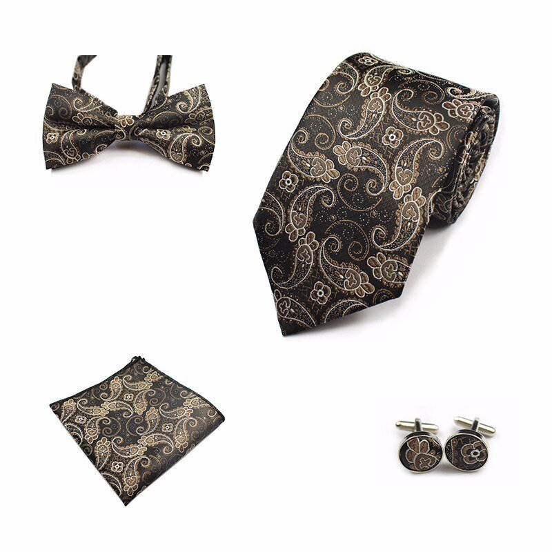 Rick Nais 4PCS Tie Set Bow Tie and Handkerchief Cufflinks 100% Silk