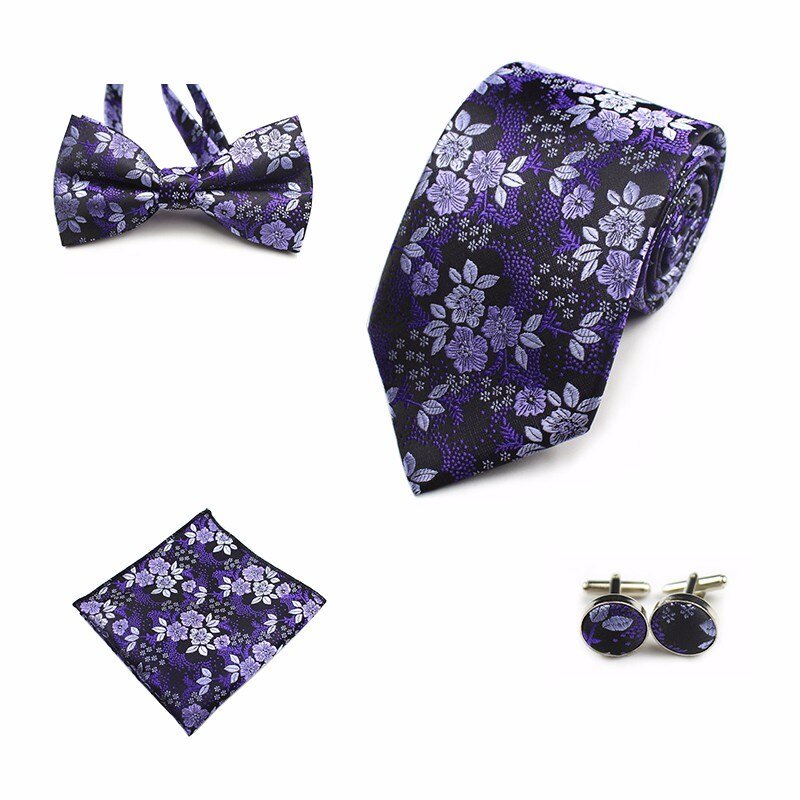 Rick Nais 4PCS Tie Set Bow Tie and Handkerchief Cufflinks 100% Silk