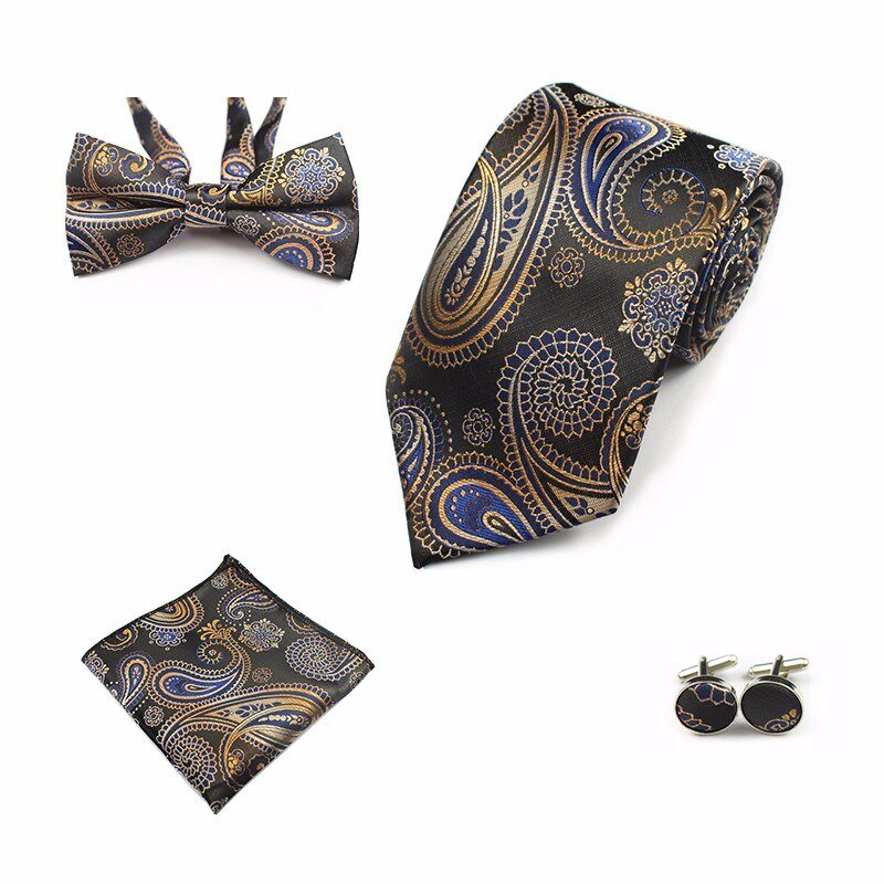 Rick Nais 4PCS Tie Set Bow Tie and Handkerchief Cufflinks 100% Silk