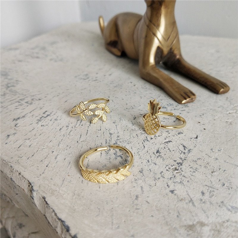 Giffany 925 Sterling Silver Punk Personality Pineapple Leaves Adjustable Ring