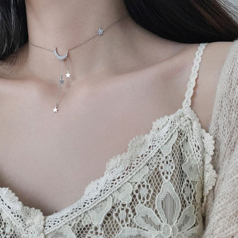 Giffany 925 Sterling Silver Star Moon Tassel Necklaces Wedding Jewelry