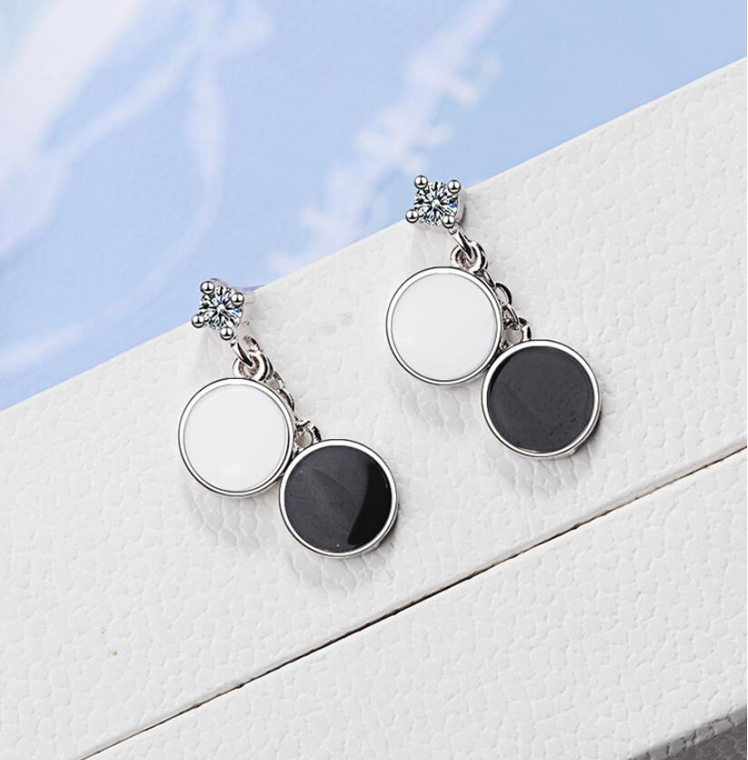 Giffany 925 Sterling Silver Jewelry Sets Epoxy Black Round Wafer Necklace+Earrings+Ring