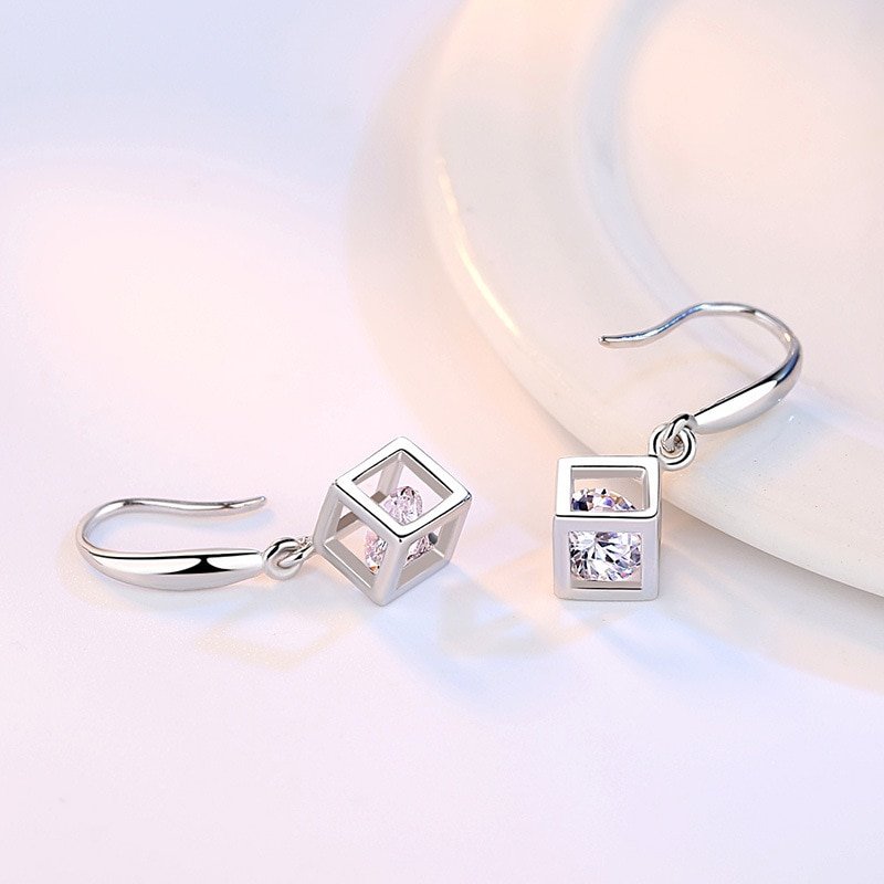 Giffany 925 Sterling Silver Jewelry Sets Zircon Square Cube Necklace+Earrings+Bracelet