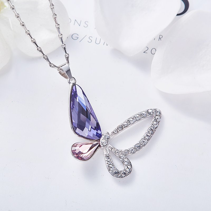 Giffany 925 Sterling Silver Women Necklace Purple Crystal Butterfly Pendant