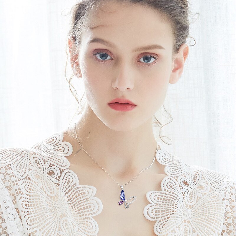 Giffany 925 Sterling Silver Women Necklace Purple Crystal Butterfly Pendant