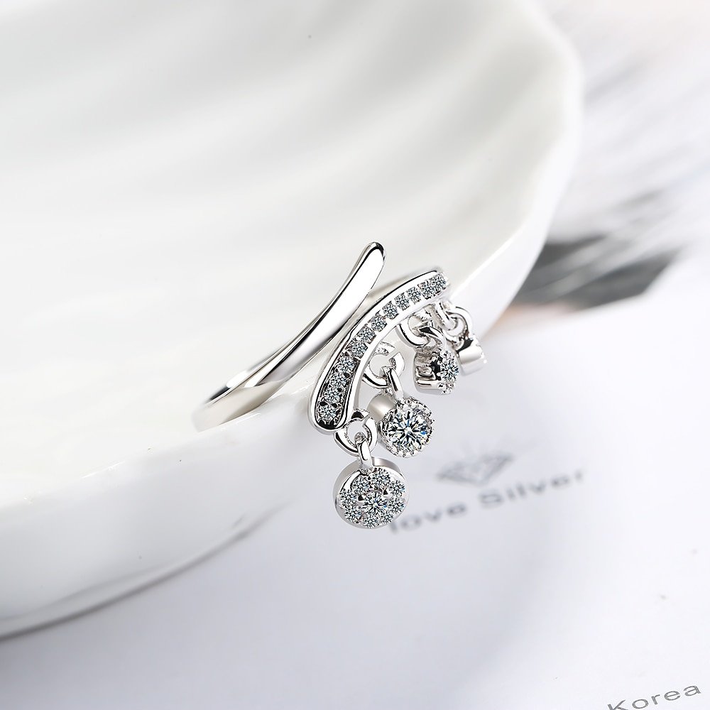 Giffany 925 Sterling Silver new Fashion Hanging Zircon Tassel Adjustable Ring