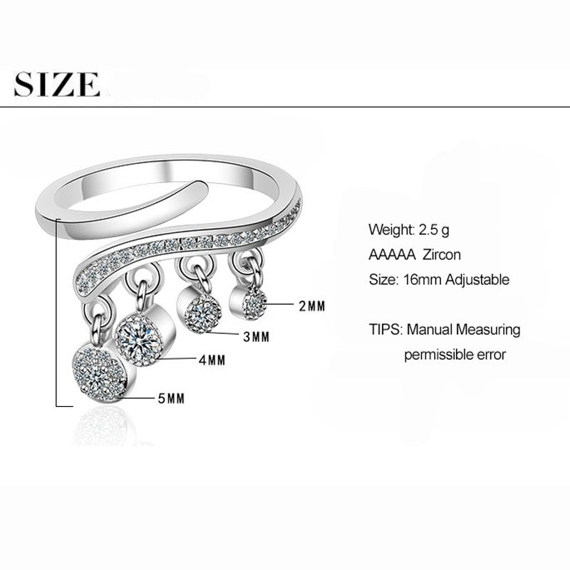 Giffany 925 Sterling Silver new Fashion Hanging Zircon Tassel Adjustable Ring
