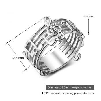 Giffany 925 Sterling Sliver Musical Note Pattern Music Lover's Band Ring Fashion Jewelry